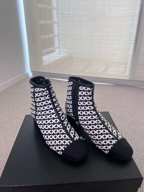 CHANEL Black and White Woven Logo Ankle Booties
